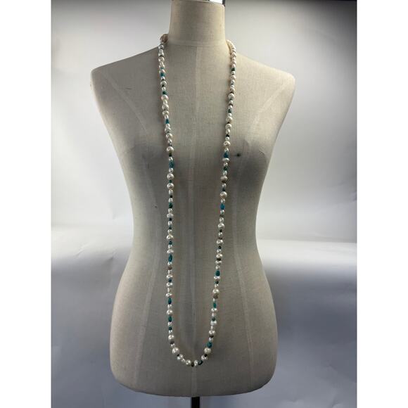 Pearl Turquoise Labradorite Long Necklace 53" Flapper Style Pearls - Picture 4 of 7